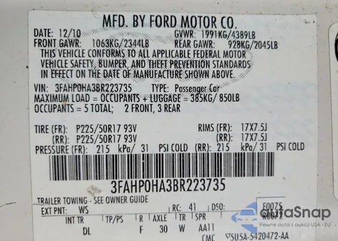 2011 Ford Fusion Se z USA, uszkodzony, nr VIN 3FAHP0HA3BR223735